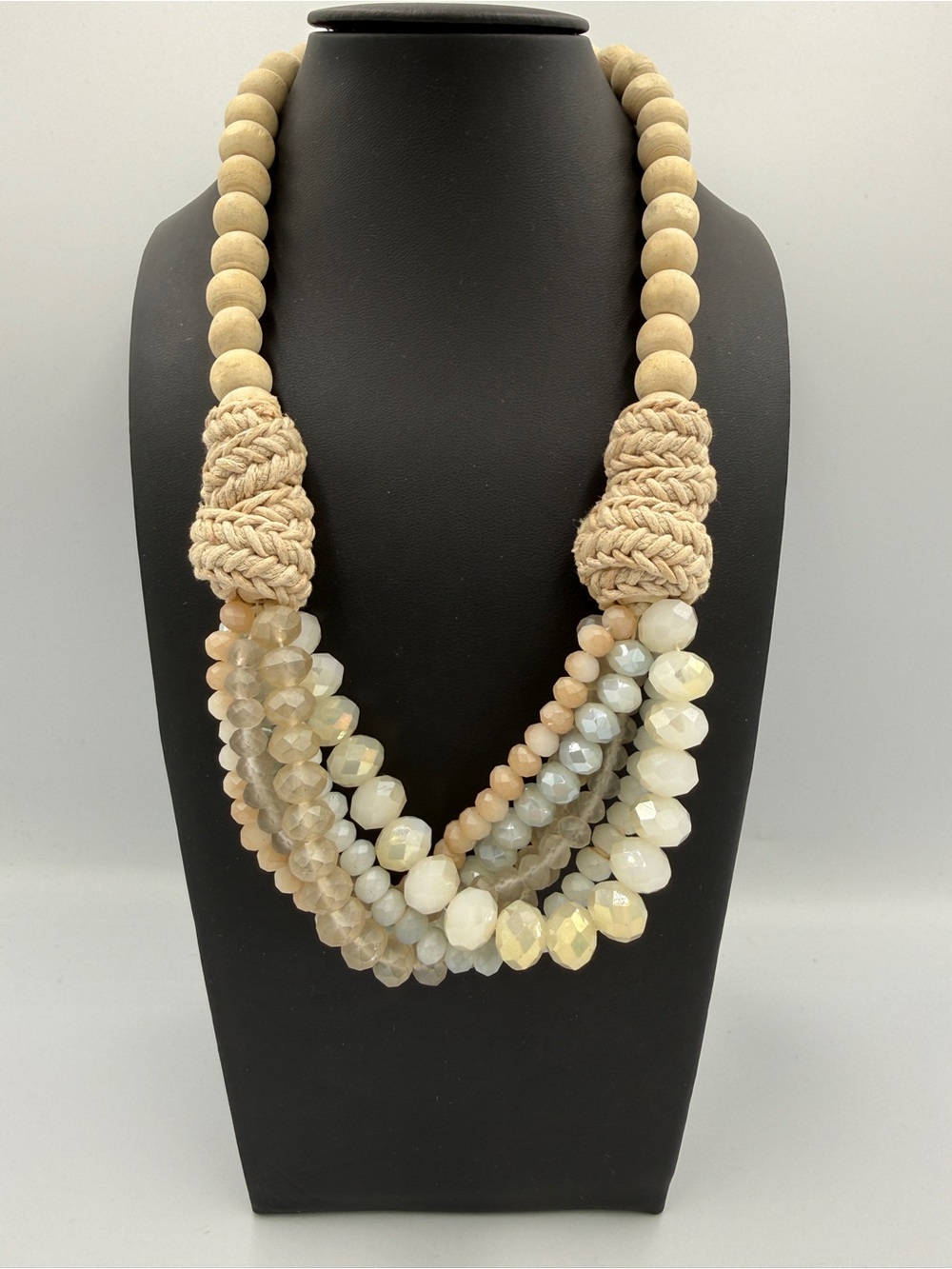 Boho Wood Bead Knotted Rope Multistrand Cream Beige Statement Bib Necklace